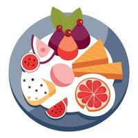 Italian appetizers of cured meats and cheese on a marble platter with figs. red currants. and cracke vector