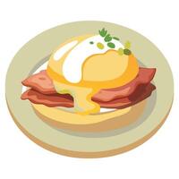 Delicious and savory eggs benedict with crispy bacon and creamy hollandaise sauce on a white plate vector