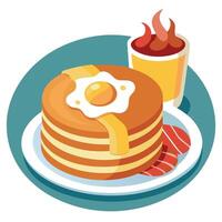 A hearty American breakfast. featuring fluffy pancakes with syrup. crispy bacon and scrambled eggs.j vector