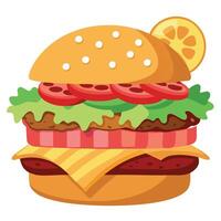 Juicy cheeseburger with bacon. avocado. and fresh toppings served with seasoned fries and cheese bal vector
