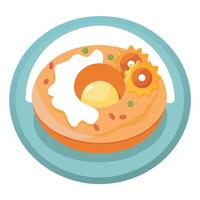 A dish of baked goods. a bagel. topped with scrambled eggs. bacon. and cheese. served on a plate. vector