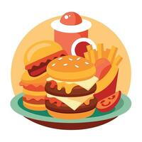 An enticing assortment of greasy goodness. featuring a plate piled high with a juicy bacon cheesebur vector