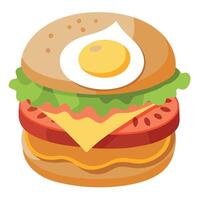 Breakfast sandwich with a toasted bagel filled with eggs. bacon or sausage. cheese. and avocado. vector
