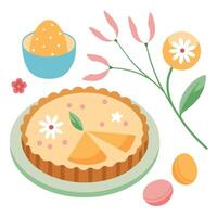 Celebrating Spring with a Savory Quiche Lorraine. Easter Eggs. and Blooming Flowers on the Brunch Ta vector