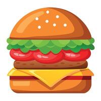 Beef burger with cheese. tomatoes. red onions. cucumber and lettuce on wooden background. Unhealthy vector