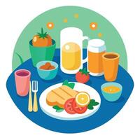 Delicious breakfast spread featuring eggs. vegetables. and fresh juice served at a vibrant dining ta vector