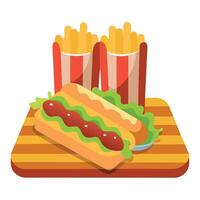 Hot Dogs With Lettuce. Bacon. And Mustard. French Fries. And Ketchup On A Wooden Board. Front View vector