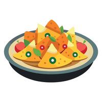 A plate of freshly-made nachos. with a variety of toppings and a generous helping of melted cheese vector
