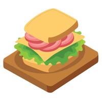 A deliciously grilled sandwich loaded with ham. melted cheese. and fresh greens on a rustic wooden b vector