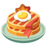 A plate topped with a stack of golden waffles smothered in crispy bacon and a perfectly cooked fried vector