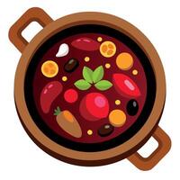 Close up top view of stone soup with red beans potatoes chorizo and black pudding in a wooden tray vector