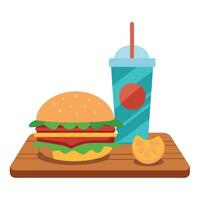 A bacon hamburger topped with lettuce and tomato. alongside a drink. displayed on a wooden table. vector