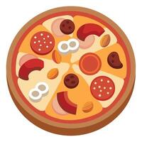A meat lovers pizza loaded with pepperoni. sausage. ham. bacon. and ground beef. on a baking tray. vector