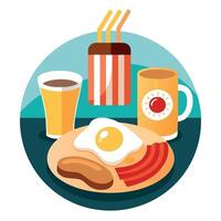 American breakfast with sunny side fried eggs bacon hash browns pancakes toasts orange juice and cof vector