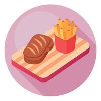 Grilled meat with fries served on wooden board isolated on a isolated pastel background Copy space vector
