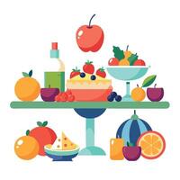 A table full of food with a variety of fruits and vegetables. The table is set for a party or gather vector