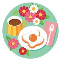 A breakfast plate with a fried egg. bacon. and toast on a floral tablecloth with flowers and tea. vector