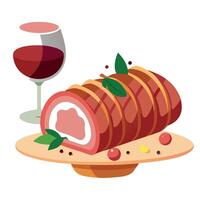 A succulent Kurobuta pork loin. stuffed with herbs and wrapped in bacon. served with a red wine redu vector