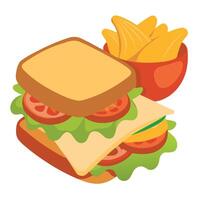 A classic BLT sandwich with crispy bacon. lettuce. and tomato on toasted bread. served with potato c vector