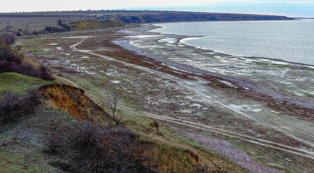 View of the shore of the shallowed and frozen Tiligul estuary in winter photo