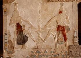 EGYPT, LUXOR - MARCH 01, 2019 archaeological site, drawings and geoglyphs on the walls of an ancient temple, the temple of Hatshepsut near Luxor in Egypt photo
