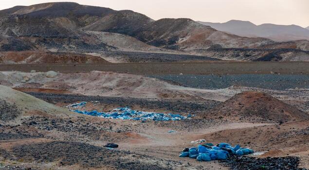 Plastic bottles and various garbage from hotels in the wild, Garbage dump in the desert in Egypt photo