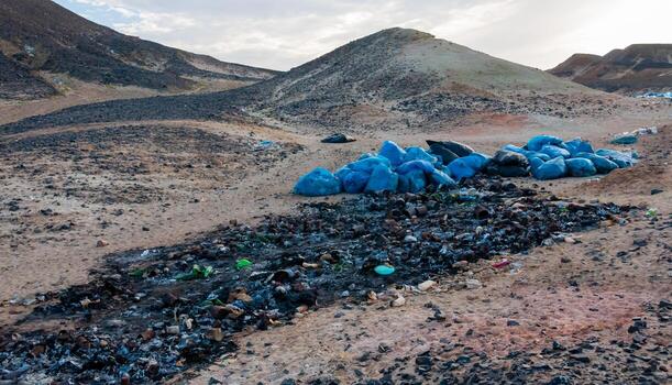 Plastic bottles and various garbage from hotels in the wild, Garbage dump in the desert in Egypt photo