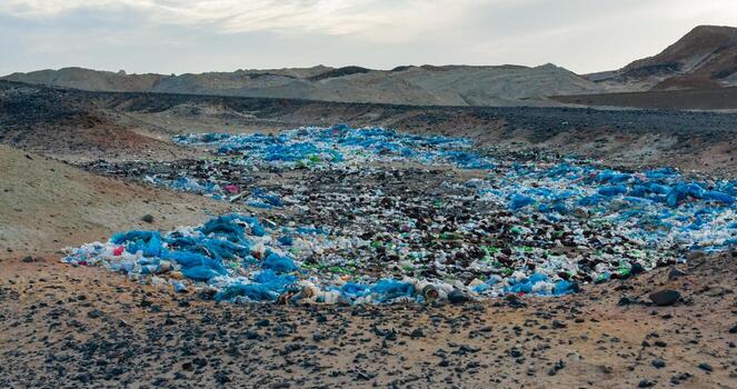 Plastic bottles and various garbage from hotels in the wild, Garbage dump in the desert in Egypt photo
