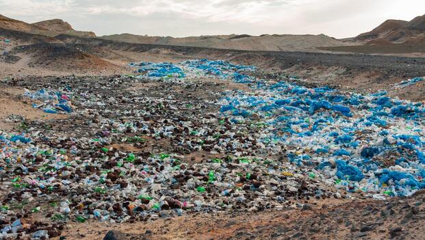 Plastic bottles and various garbage from hotels in the wild, Garbage dump in the desert in Egypt photo