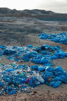 Plastic bottles and various garbage from hotels in the wild, Garbage dump in the desert in Egypt photo