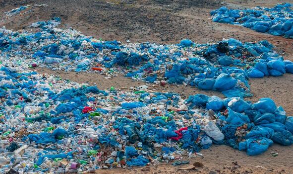 Plastic bottles and various garbage from hotels in the wild, Garbage dump in the desert in Egypt photo