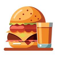 A delicious triple meat burger with bacon and yellow cheese. accompanied with a glass of whiskey on vector