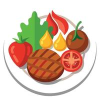 A plate of meat and vegetables is being grilled on a grill. The vegetables include tomatoes. onions. vector