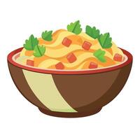 A closeup view of a bowl filled with a traditional German potato salad. featuring crispy bacon and f vector