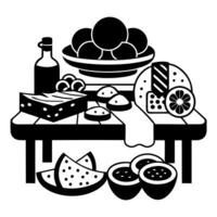 A black and white photo of a table with a variety of meats and cheeses. including salami. ham. and c vector