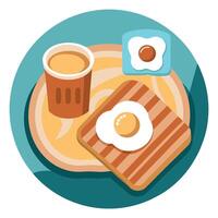 A plate of breakfast food with bacon. eggs. and toast. The plate is on a wooden table. Breakfast con vector