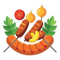 A scrumptious grilled feast featuring two sizzling sausages and a colorful skewer with succulent pie vector
