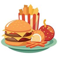 An enticing assortment of greasy goodness. featuring a plate piled high with a juicy bacon cheesebur vector