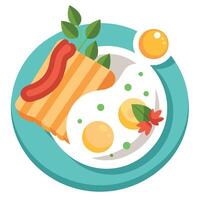 A delicious serving of scrambled eggs with crispy bacon strips and herbs. accompanied by a slice of vector