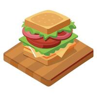 A mouth-watering multi-layered sandwich with bacon. lettuce. tomato. and onion. placed on a wooden c vector