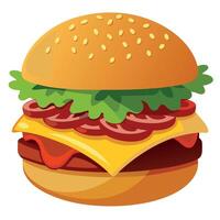 Close-up of a juicy cheeseburger with melted cheese. crispy bacon. and fresh lettuce on a sesame see vector