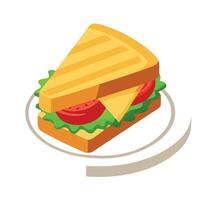 A grilled sandwich with tomato and lettuce on a white plate. The sandwich is topped with a slice of vector