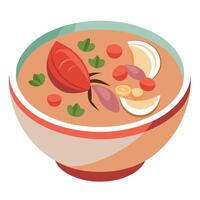 Close up of a bowl of tomato clam chowder with shellfish and bacon on the table With copyspace for t vector