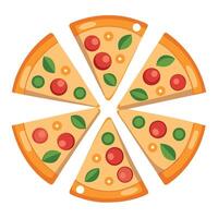 A row of six pizzas with different toppings. The pizzas are arranged in a row and are all cut into s vector