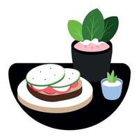 A black plate featuring a sandwich with cucumbers. radishes. and sour cream In the background is a p vector