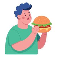 A man is holding a large hamburger with lettuce and tomato. He looks like he is about to take a big vector