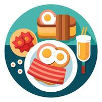 A Egg And Bacon grilled Sandwich. surrounded by 5 plates full of eggs. toast. pancakes in a modern w vector