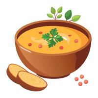 Creamy Pumpkin Soup with Bacon and Parsley in a Wooden Bowl. pumpkin soup. bacon soup. autumn soup. vector
