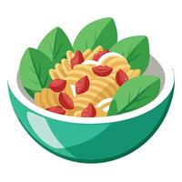 A delicious bowl of pasta salad featuring bacon and spinach. served with rotini for a twist on the c vector