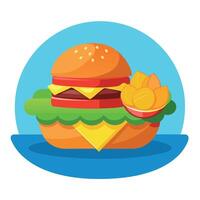 A delicious-looking huge cheeseburger with a side of crispy potato chips served in a small basket on vector